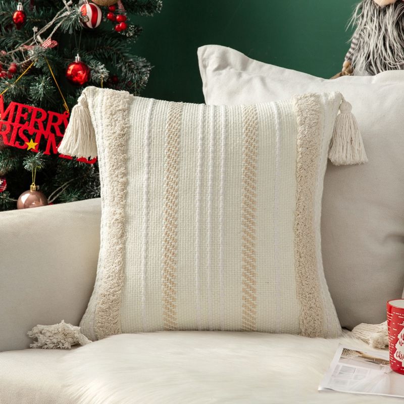 Boho Tufted Throw Pillow Cover with Handwoven Stripes Linen Cotton Decorative Cushion Case for Couch Sofa,
