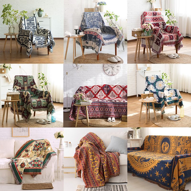 Boho Woven Polyester Cotton Vintage Retro Throw Blanket with Tassel
