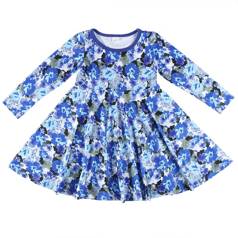 Boutique Kid Clothes Cotton Blue Floral Print All over O-Neck Long Sleeves Tunic Design Baby Girl Casual Dress