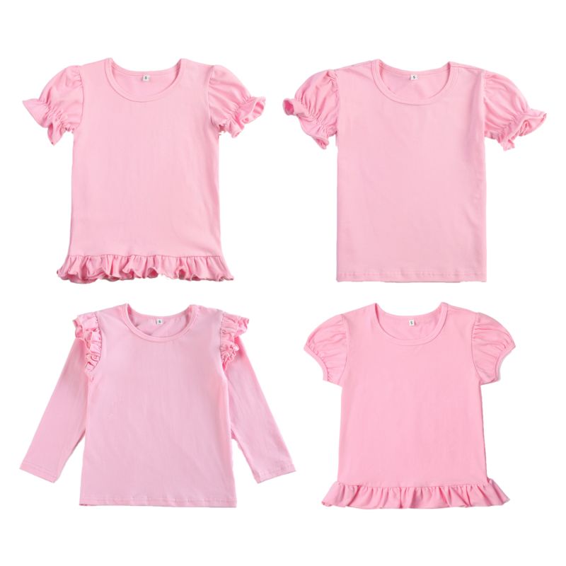 Boutique Kids Clothes T Shirt Cotton Blank White Color Ruffle Sleeve Top Baby Girls Shirts