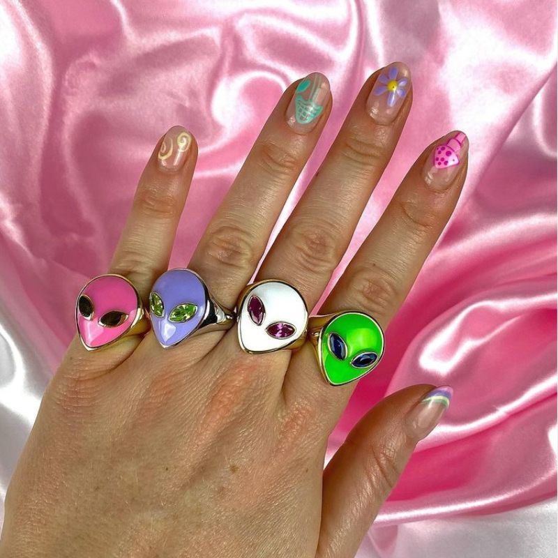 Brass 18K Gold Plated Colorful Enamel Signet Alien Shape Rings for Girls