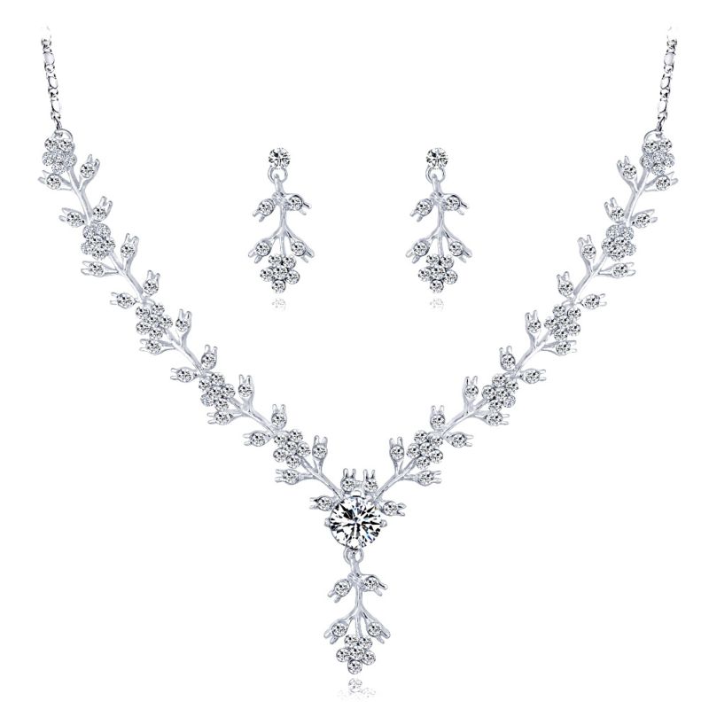 Bridal Wedding Jewelry Set Women Rhinestone Plant Necklaces and Earrings Sets
