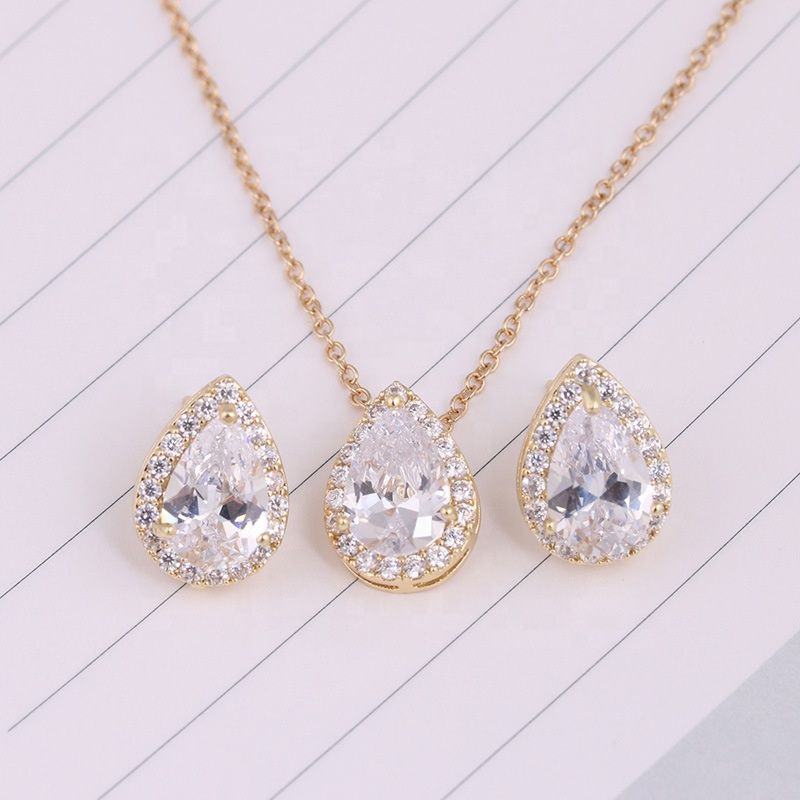 Bridesmaid Wedding Jewelry Sets 2Pcs Water Drop Zircon Pendant Necklaces Stud Earrings Bridal Party Set