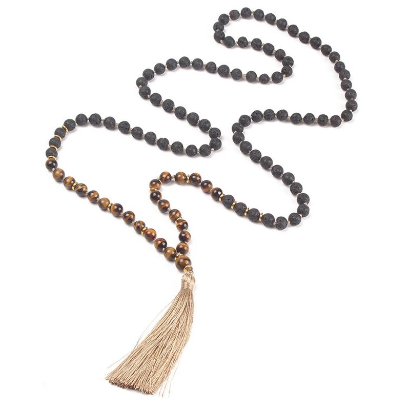 Buddhist Necklace 108 Mala Beads Lava Tigei Eye Tassel Yoga Necklace