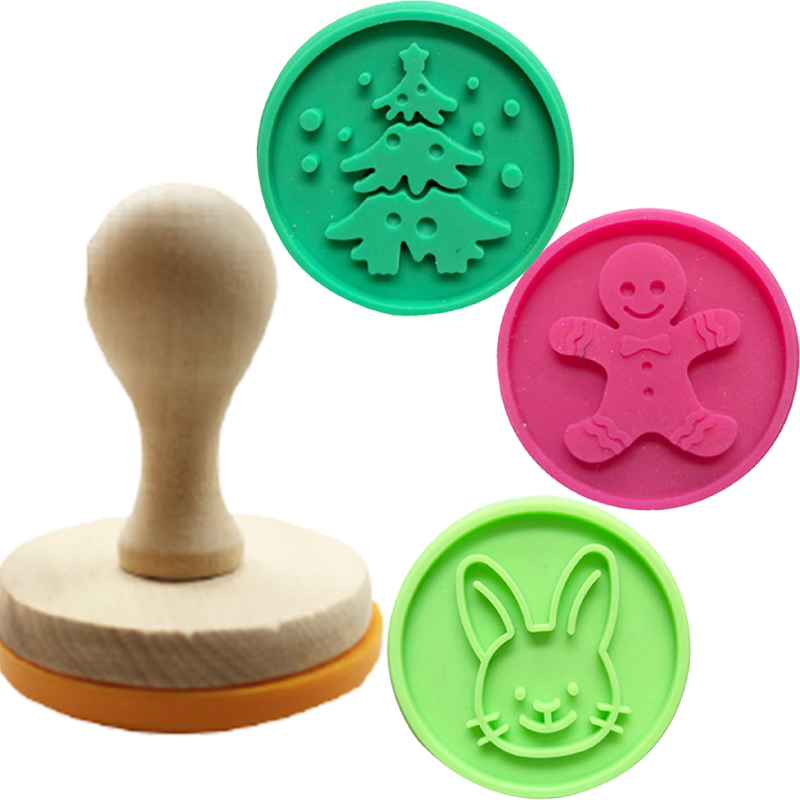 Cake Silicone Stamp Cookie Cutter Wooden Handle Silicone Christmas Biscuit Cookie Stamp
