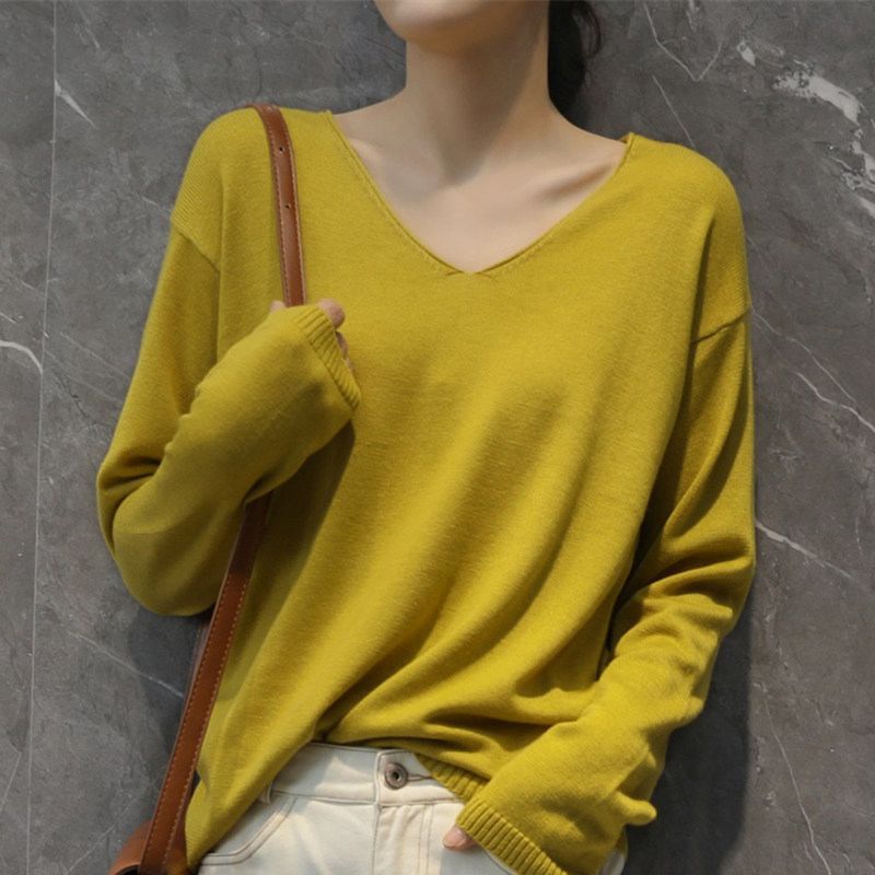 Casual Long Sleeve Pullover V-Neck Machine Knit Sweaters for Women