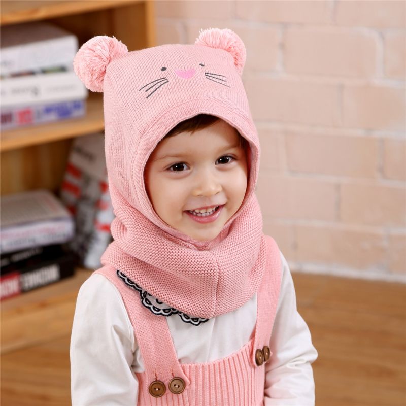 Cat Knitted Pom Hat Boys Girls Cute Soft Cotton Warm Scarf Kids Autumn