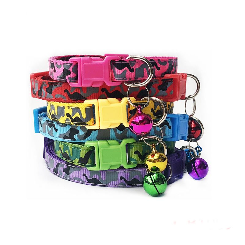 Cats Dog Collar with Bell Camo Camouflage Print Neck Strap Polyester Adjustable Buckle Kitten Puppy Pet Leash Animal Accessories