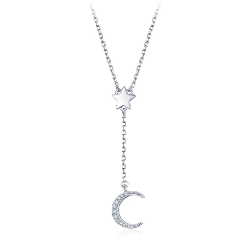 Chain Tassel Necklace 925 Sterling Silver Bling Zircon Star Moon Pendant Necklace