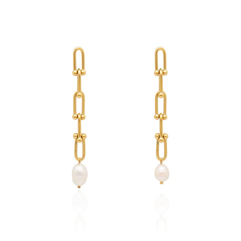 Chris April Jewelry 316L Stainless Steel Pvd Gold Plated Freshwater Pearl Horseshoe Buckle Chain Earring