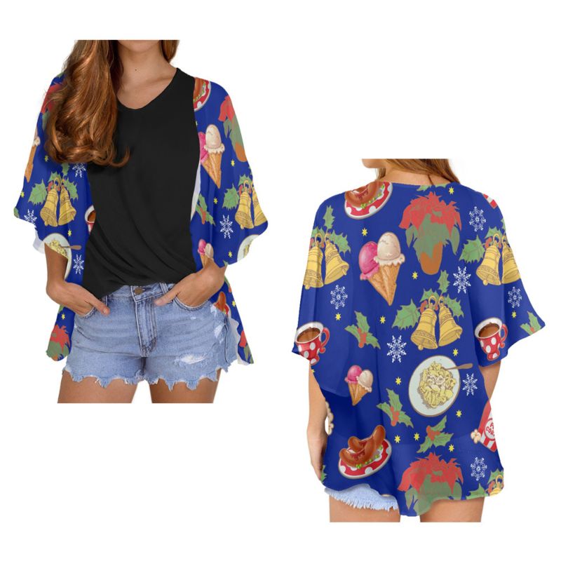 Christmas Blue Bell Cartoon Chiffon Kimono Cardigans Polynesian Tribal Style Casual Loose Open Front Swimwear Shirt Beach Women