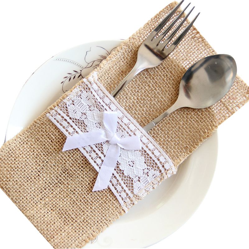 Christmas Party Lace Trim Jute Burlap Tableware Holders Silverware Pockets Lace Jute Cutlery Holder Pouch Bag Tableware Holders