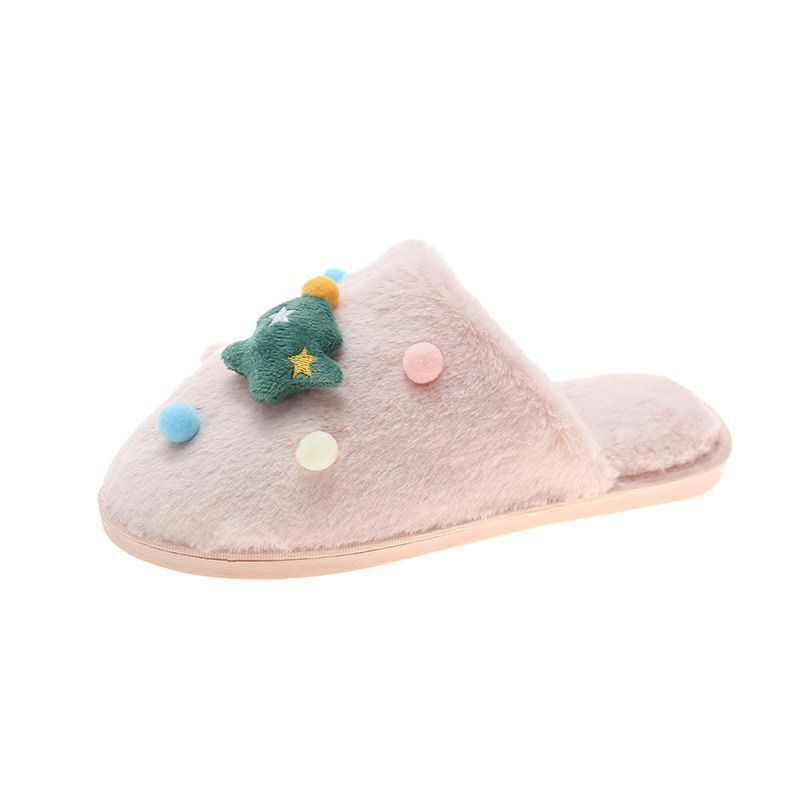 Christmas Series Plush Slippers Soft Bottom Warm Keeping Home Slippers Toe Flat Heel Indoor Shoes