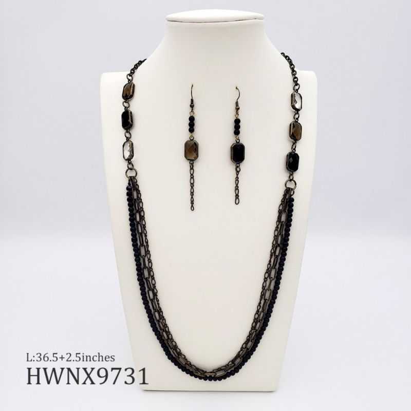 Coloful Crystal Beaded Vintage Antique Bronze Womens Tassel Multilayer Necklace Set