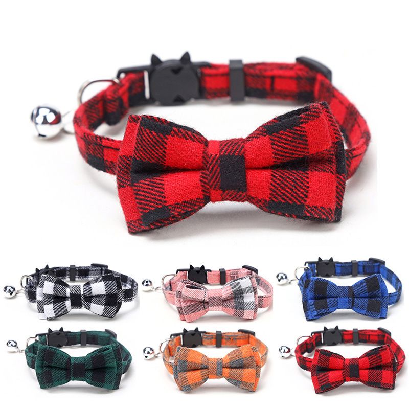 Color Tinkle Jingle Bell Cotton Plaid Pet Bow Tie Collar Bell Cat Dog Bow