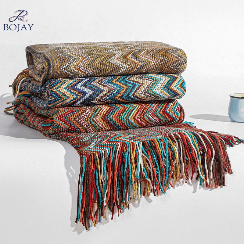 Colorful Acrylic Knitted Tassels Woven Throw Blankets for Couch Bed Sofa Chair Bohemian Throw Blanket for Decor Home