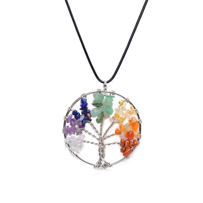 Colorful Chakra Balancing Tree of Life round Jewelry Natural Stone Wire Wrapped Pendant Necklace
