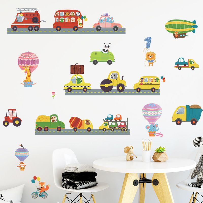 Colorful Diy Gift Removable Cartoon Bus Cars Truck and Bikes Road Traffic Wall Stickers Living Room Kids Room Door Stickers