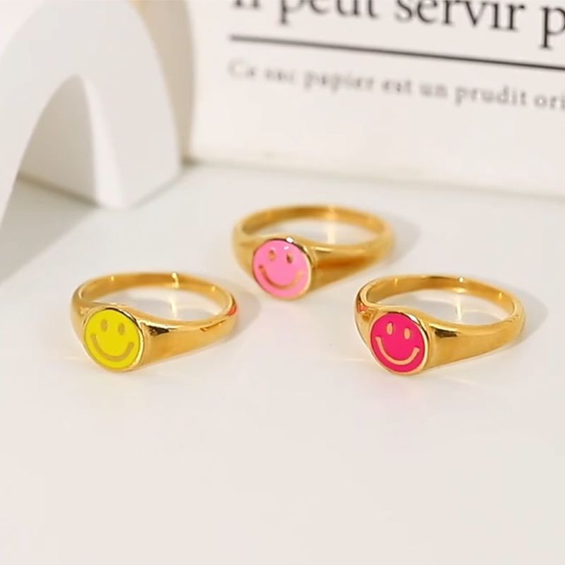 Colorful Enamel Stainless Steel Jewelry Smiley Happy Face Rings for Women 18K Gold Plated Signet Ring Tarnish Free