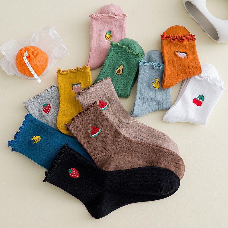 Colorful Fruit Embroidery Cartoon Socks Women Agaric Ruffle Edge Pile Socks Caramella Socks