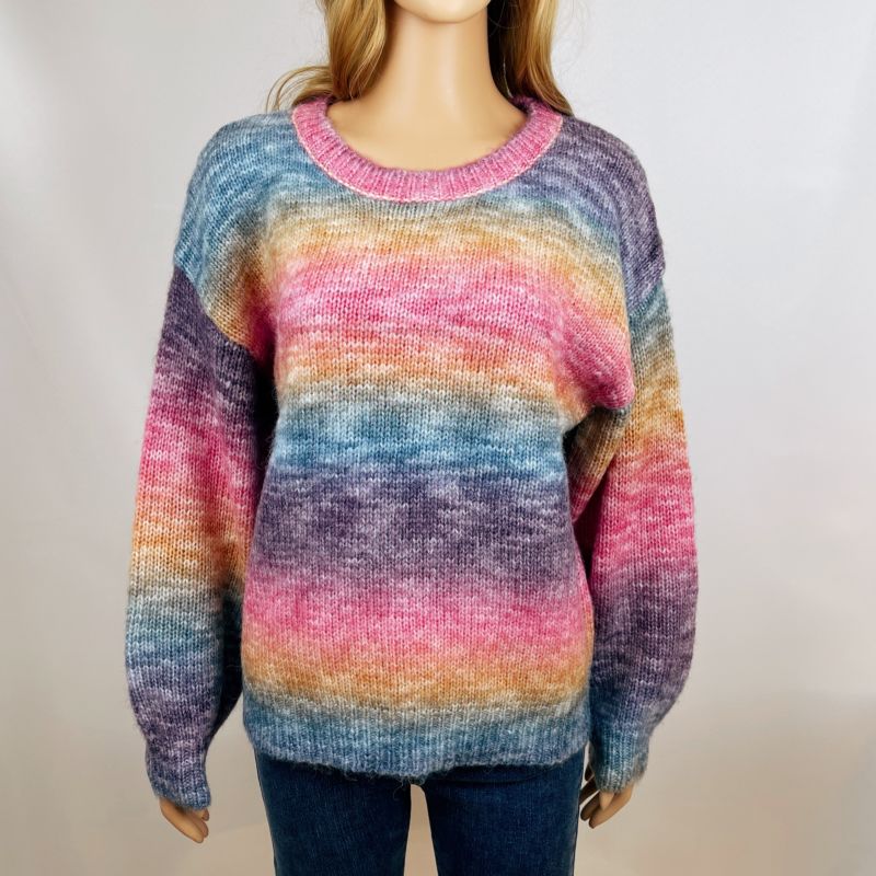 Colorful Material Crew Neck Long Sleeve Rainbow Jumper Women Knit Pullover plus Size Sweater for Ladies