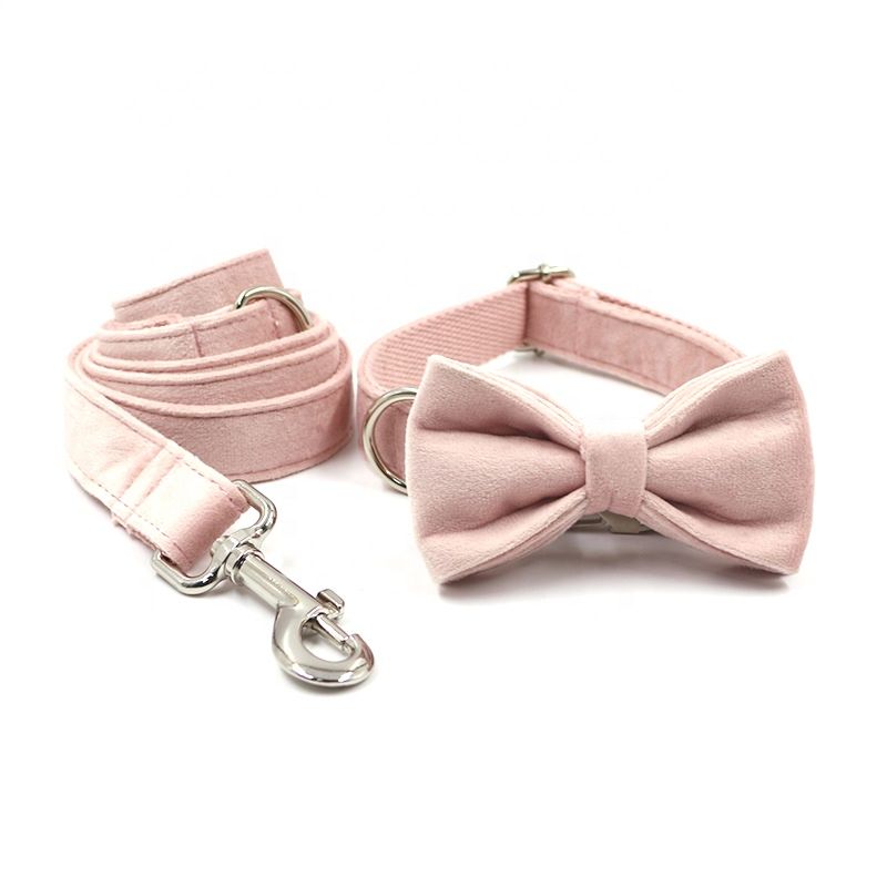 Competitive Price Bow Tie Attractive Design Adjustable Metal Buckle Dog Pink Leash Velvet Set and Collar Luxury