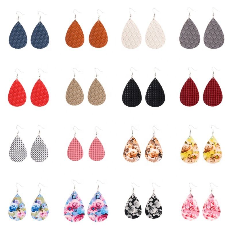 Creative Handmade Light Weight Flower Print Teardrop Earrings Leather Earrings for Women Party Wedding Jewelry