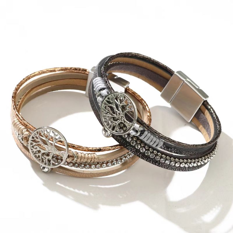 Cross-Border Explosive Bracelet Tree of Life Diamond Alloy Bracelet Pu Woven Leather Bracelet