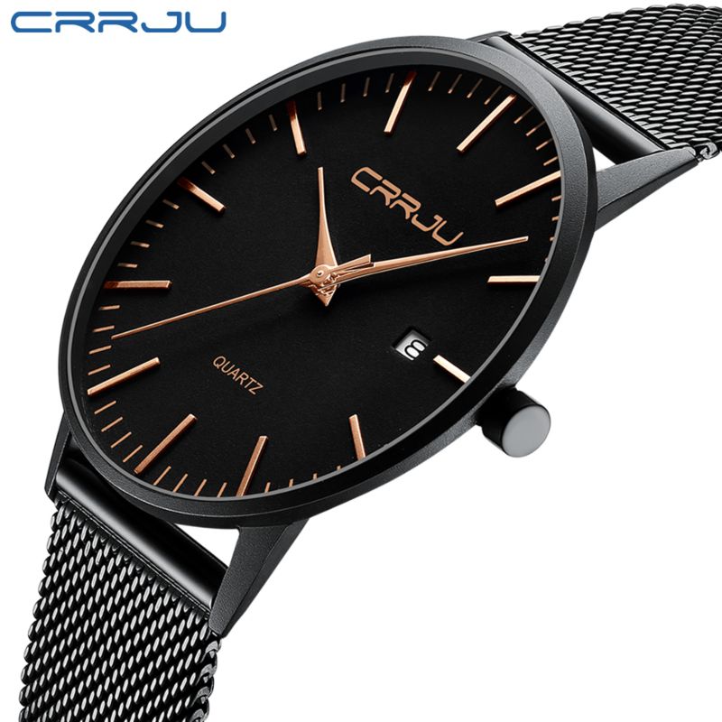 Crrju Ultra Thin Mesh Bands Black Man Japan Quartz Movt Watch Erkek Kol Saati