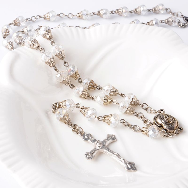 Crystal Rosary Jesus Cross Necklace Religious Christ Prayer Beads