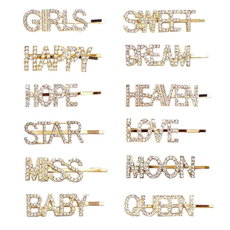 Crystal Words Hair Pins Glitter Letter Bobby Pins Metal Bling Barrettes Hairgrips Rhinestones Letter Hair Clips