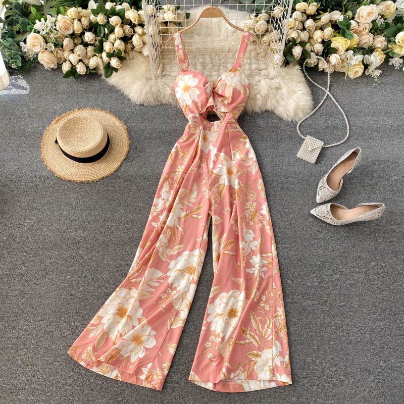 Cubear Cbyj0027 Romantic Style Multi Color Floral Pattern Sleeveless V Neck Tie Back Wide Leg Corset Jumpsuit