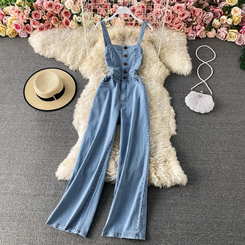 Cubear Street Style Plain Pattern Sleeveless Halter Front Button Women Demin Jumpsuits