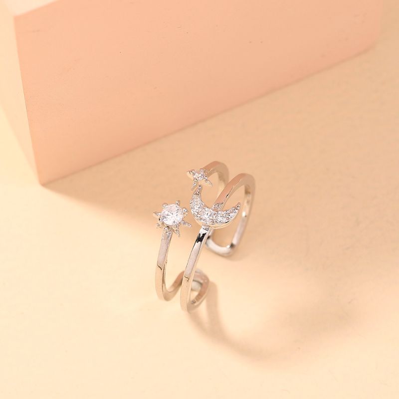Customize Double Opening Design Adjustable Star Moon Zircon Diamond Wedding Rings Silver Jewelry Women