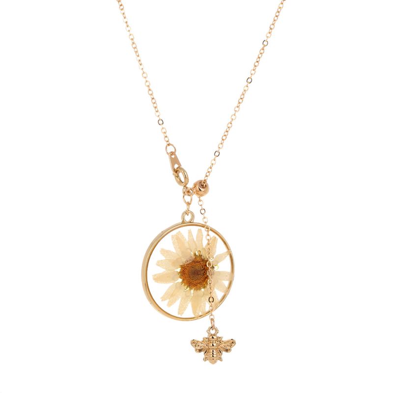 Customized Long Gold Chain Tassel Pendant Choker Adjustable Clasp Resin Pressed Dried Flowers Daisy Jewelry Necklace