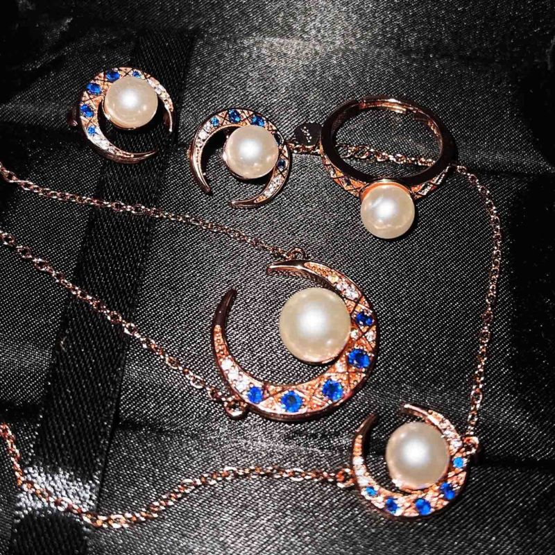 Cute Moon Pearl Pendant Necklace Bracelet Ring Earrings Female Luxury Bridal Set for Women Vintage Rose Gold Jewelry Set