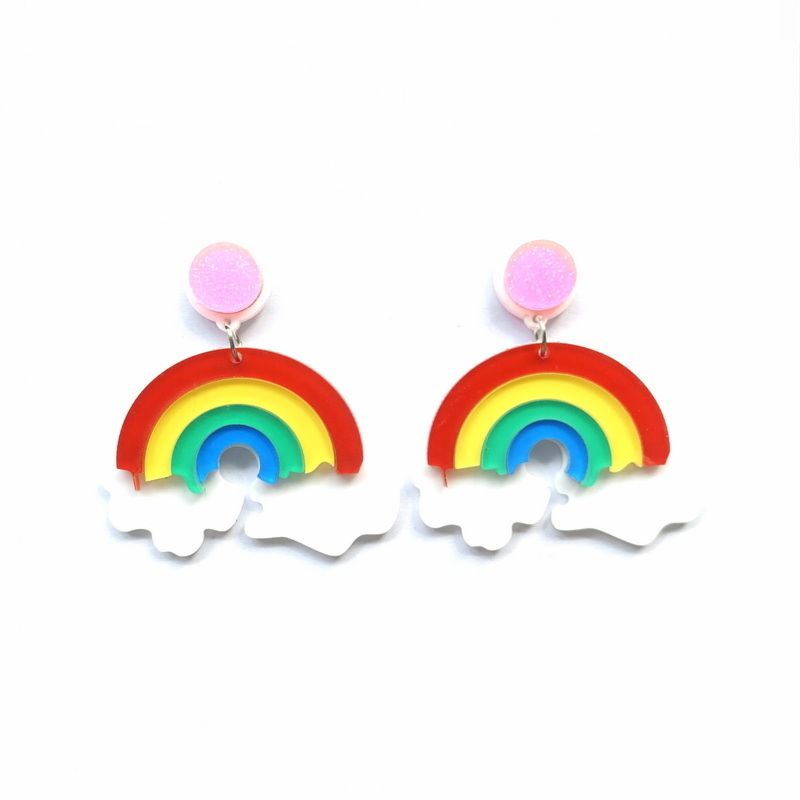 Cute Rainbow with Clouds Laser Cut Acrylic Glitter Stud Earrings for Women