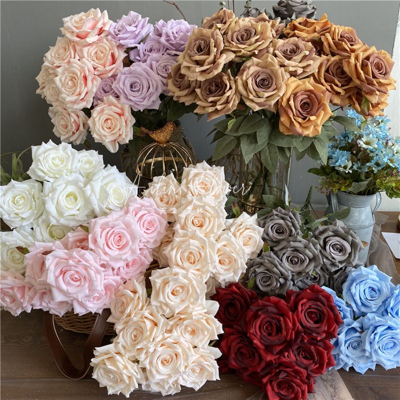 D-Rb002 Novel Design Autumn Dusty Rust Blue Silk Rose Artificial Flowers Bouquet for Wedding Home Decoration