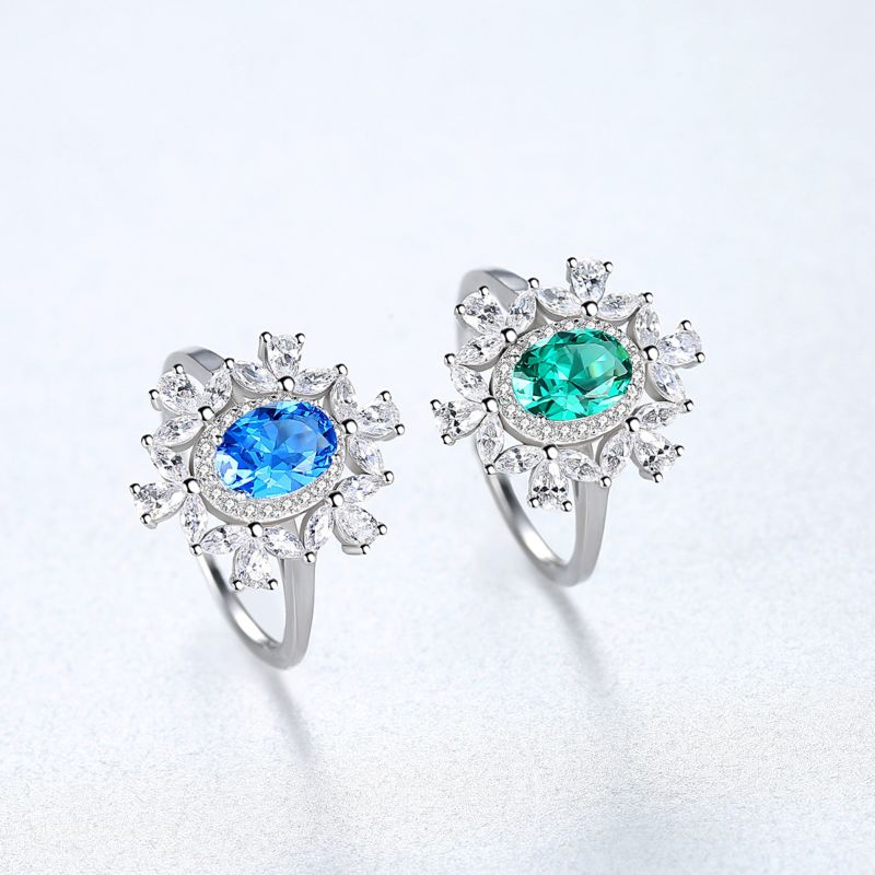 Daidan Wedding Rings Engagement Silver Ring 925 Sterling Oval Blue Green Flower Shape Gemstone Rings