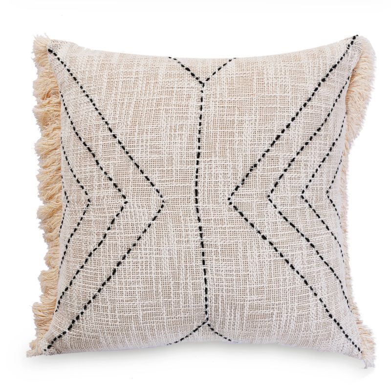 Decorative Kantha Embroidered Cushion Cover with Fringes White Pillow Case Arrow Pattern Cotton Pillow Cover