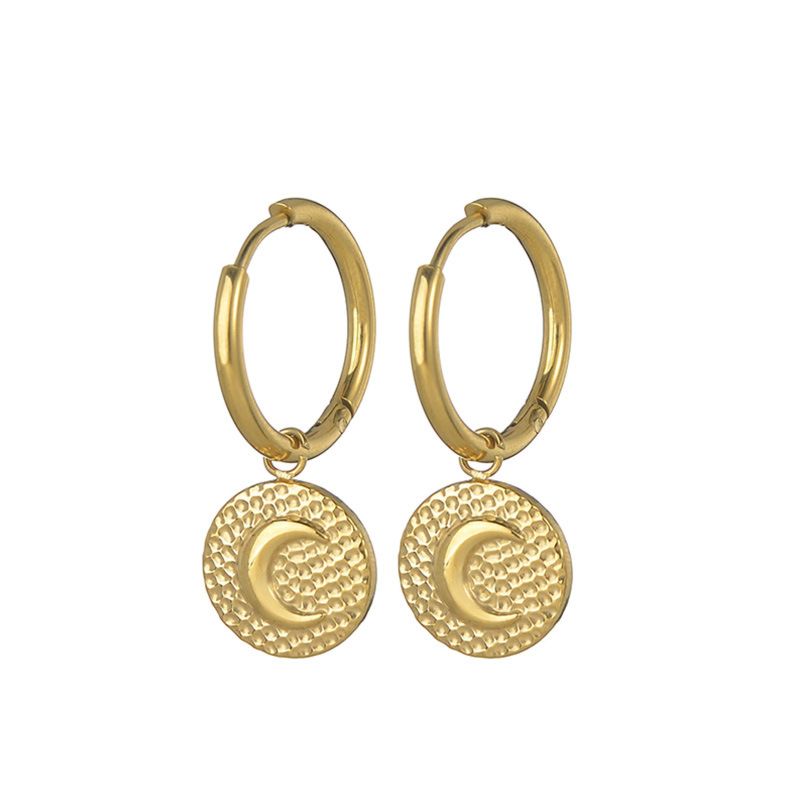 Design 14K Gold Plated Stainless Steel Irregular round Moon Pattern Charm Earrings for Women