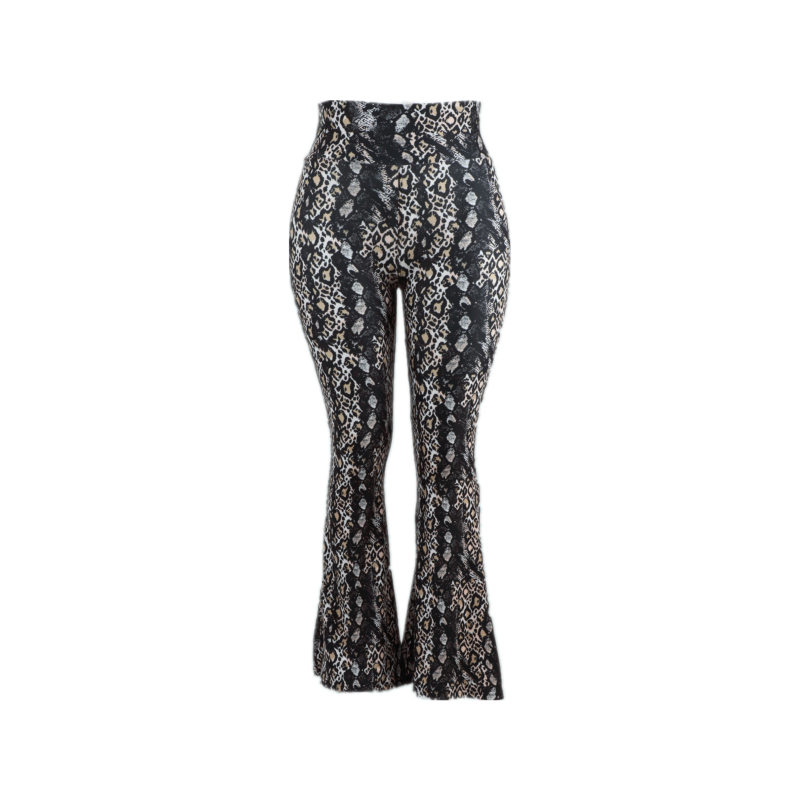 Design Brushed Stretch Tights Super Soft Wide Leg Flare Pants Snakes Skin Animal Prints Black Bottom Bell Leggings