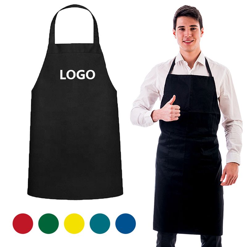 Design Customer Logo Cotton Polyester Pure Color Black Cooking Man Kitchen Garden Bib Apron