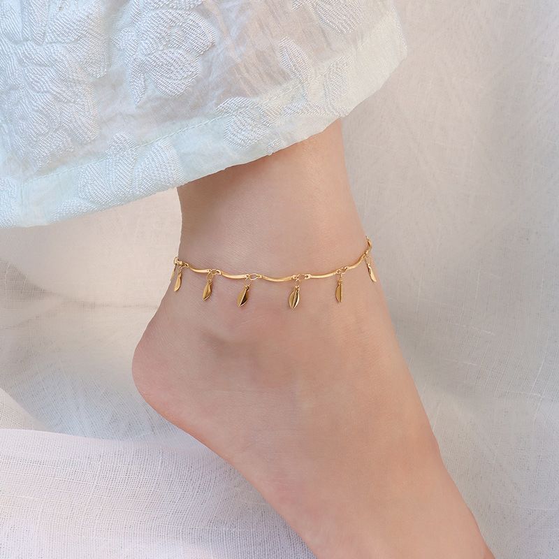 Designer Tiny 18K Gold Plated Ankle Leg Chain Tassel Leaf Stainless Steel Gold Anklets