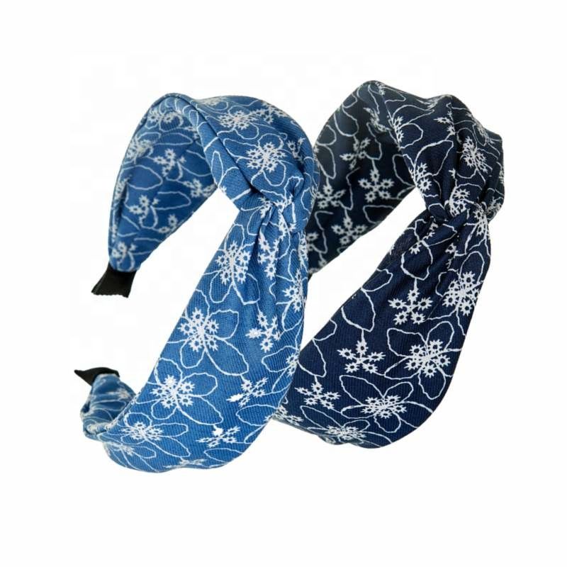 Designer White Floral Print on Blue Background Fabric Bow Hair Band Hair Accessories for Women