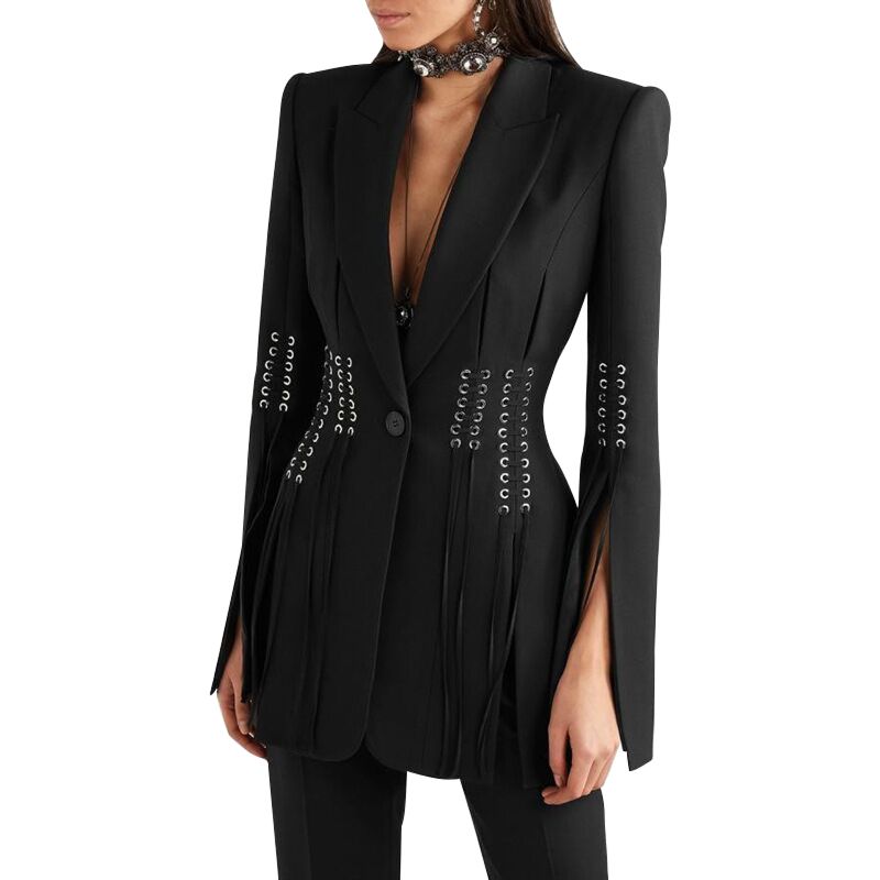 Designer Woman Personalized Temperament Metal Hole Tie Rope Slim Slit Black Blazer