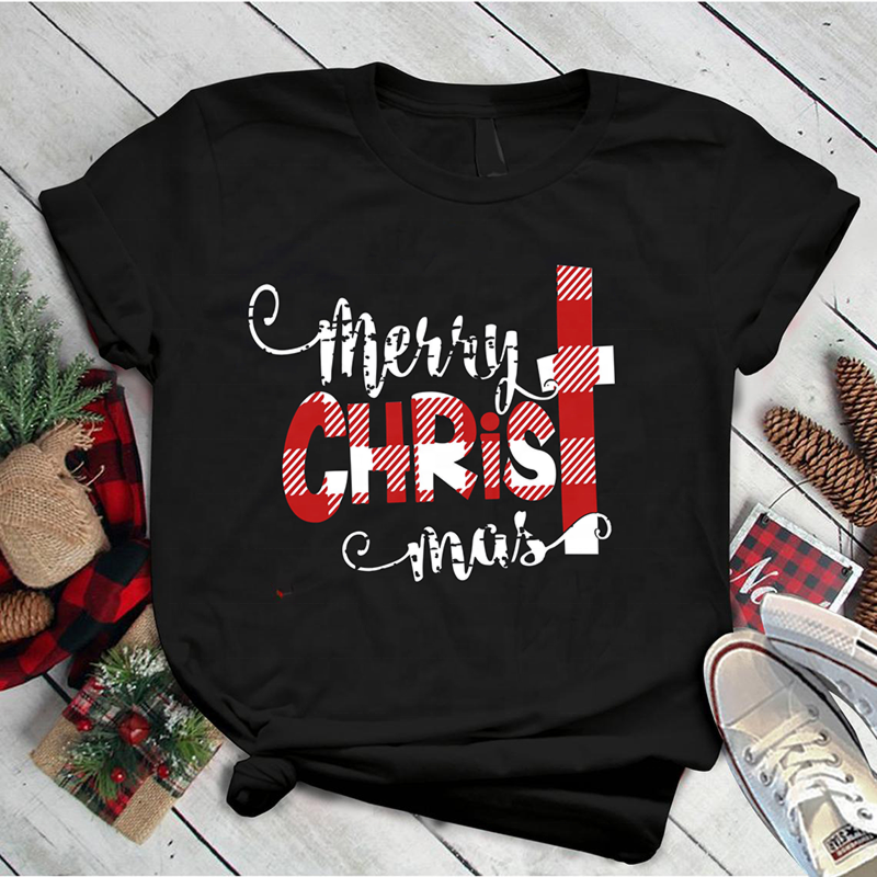 Digital Printed Tshirts Merry Christmas Clothes Black Cotton Graphic Women T Shirt