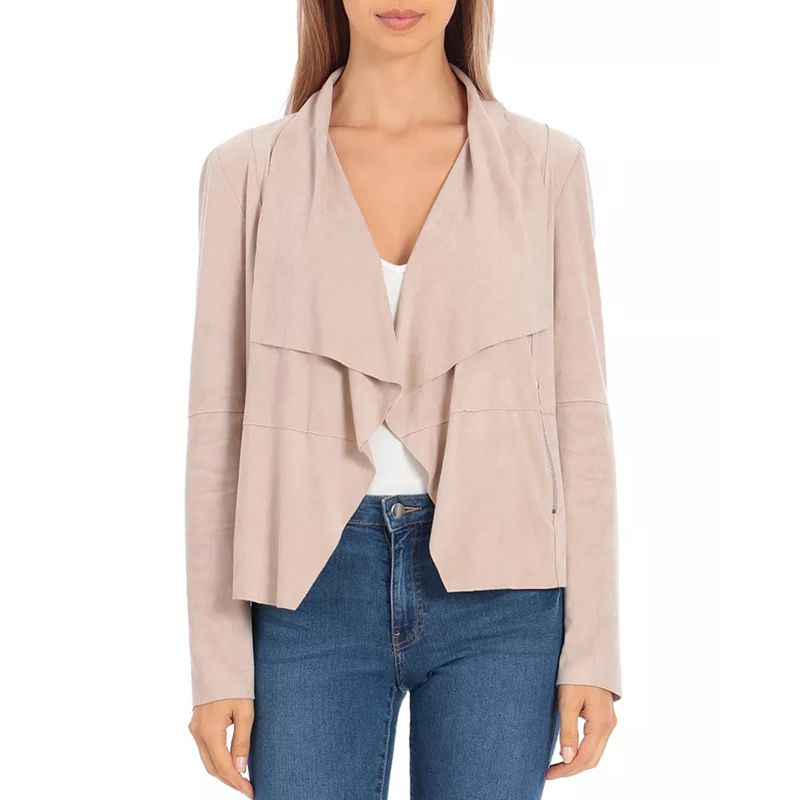 Directly Lady Solid Faux Suede Drop Front Cropped Jacket Draped Open-Front Silhouette Long Sleeves Top