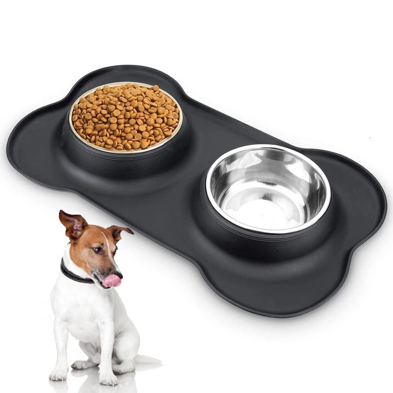 Divtop Non-Slip Silicone Mat Feeder Double Pet Bowl,Silicone Foldable Traveling Double Stainless Steel Dog Bowls.