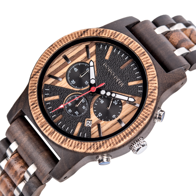 Dodo Watch Deer Men's Wood Stainless Steel Luxury Sport Business Charm Chronograph round Analog Wooden Stop Watch